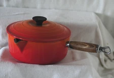 Vtg. Le Creuset #20 Cast Iron Orange Enamel Sauce Pan  Spout Lid Wood Handle