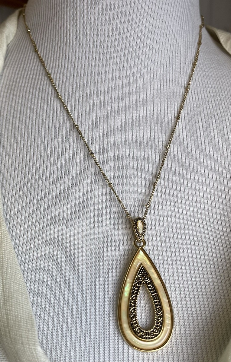 Lia Sophia Gold Tone Necklace 20”Teardrop Faux MOP Swirl Pendant