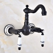 Oil Rubbed Bronze Bathroom Basin Sink Faucet Dual Handles Mixer Tap Wall Mount
