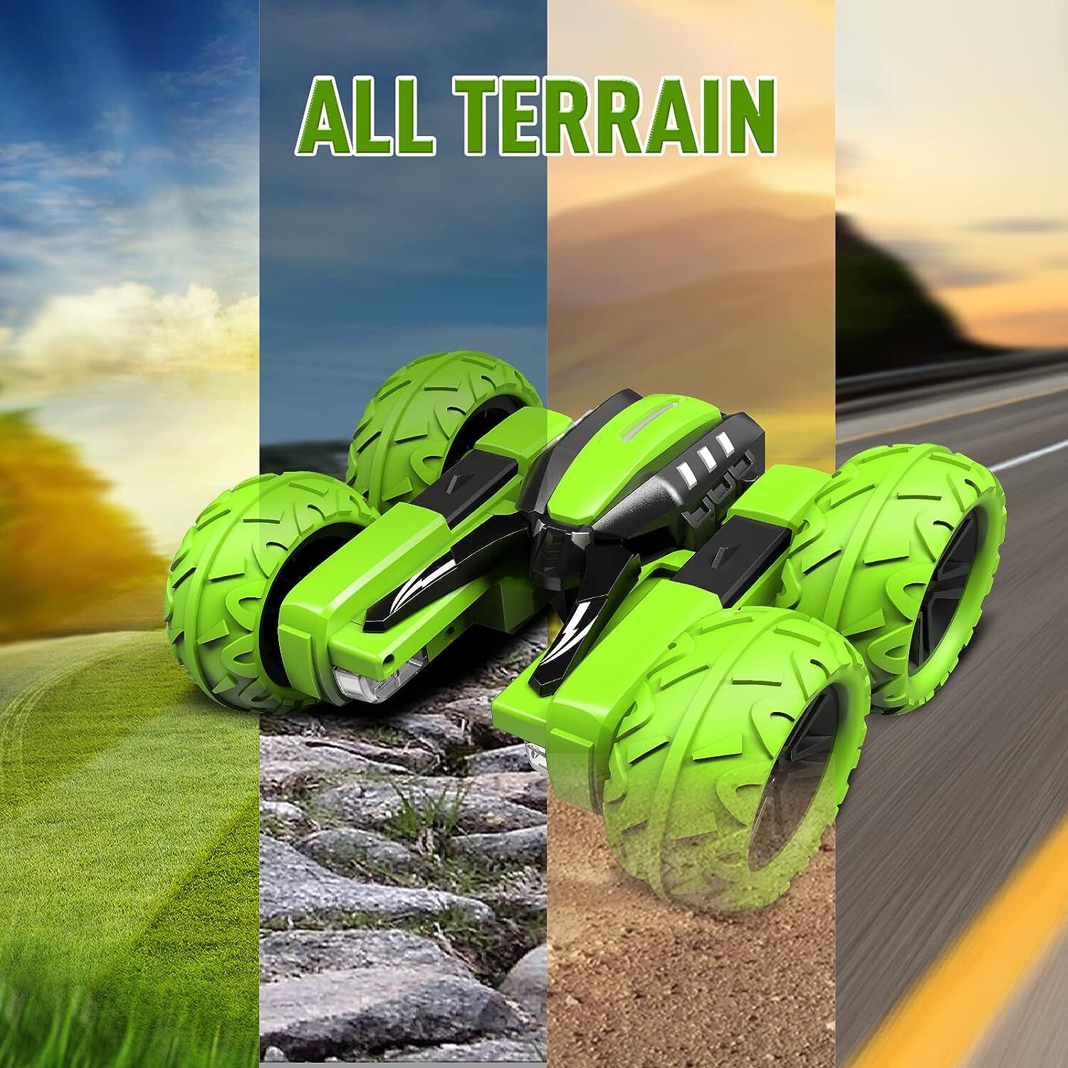 Remote Control Kids Toy Car with LED Light - 360° Flips Off Road RC Car (GREEN)