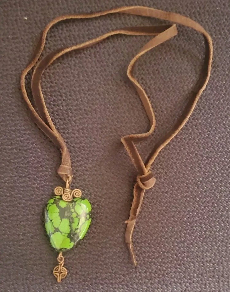 Genuine Green Turquoise Heart Pendant with Handmade Copper Accent on Leather - Image 2 of 4
