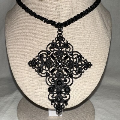 Express Women Black Cross W/Rhinestones  ￼Statement Chain W/Ribon Necklace