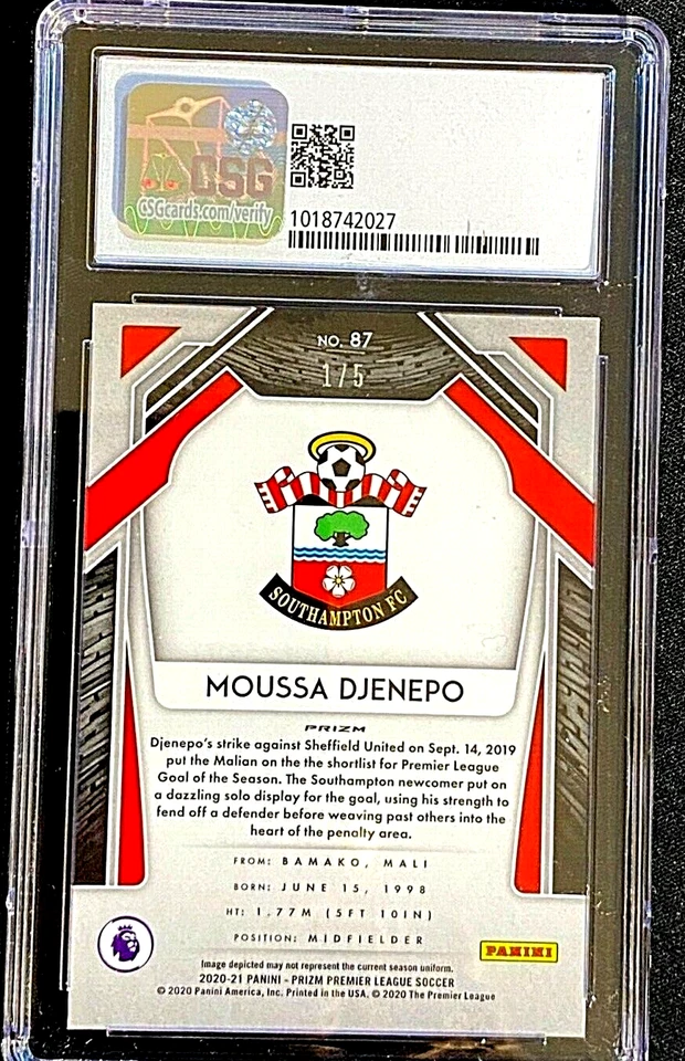 CSG 9.5 GOLD POWER SSP 1/5 2020 MOUSSA DJENEPO PANINI PRIZM PREMIER LEAGUE G2861 - Image 2 of 3