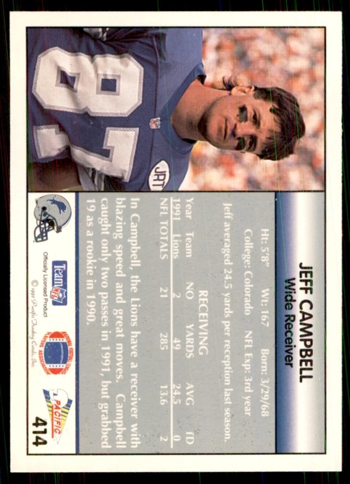 1992 Pacific Jeff Campbell Football Cards #414 - Image 2 of 2