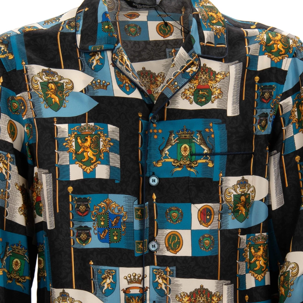 Dolce & Gabbana Barroco Corona León Escudo Estampado Seda Camisa Negro Azul
