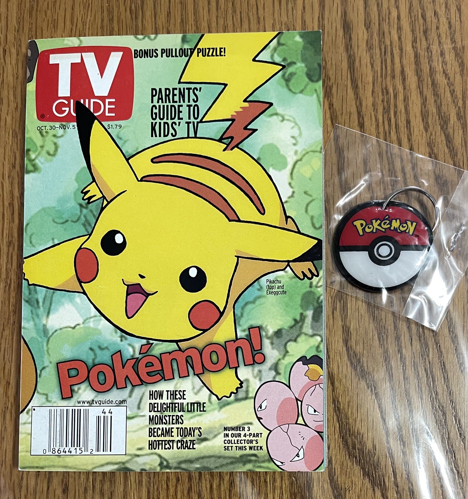 TV Guide Pokemon Pikachu Cover October 1999 AND Poke Ball Pokeball Keychain