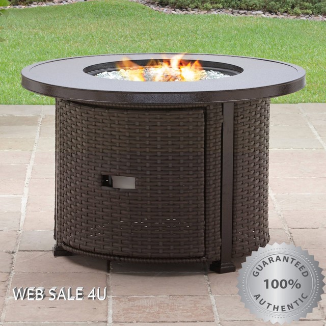 Propane Gas Fire Pit Round Cover Set Wicker Coffee Table Brown For