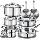 Triple Ply Stainless Steel Pots and Pans Set, EWFEN 12 Piece Induction Cookw...