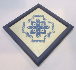 Vintage 1980's 10x10 Blue Wood Framed Hand Cross Stitched Hardanger Embroidery