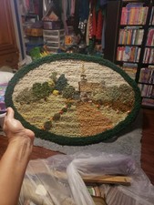 1990 VINTAGE HAND HOOKED OVAL WALL HANGING PRIMITIVE CHURCH Signed Dated Prim