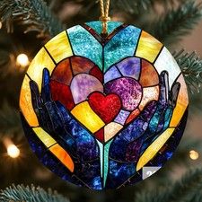 Stained Glass Heart Sun Catcher Ornament Hands Valentine Day 2D Ceramic Ornament