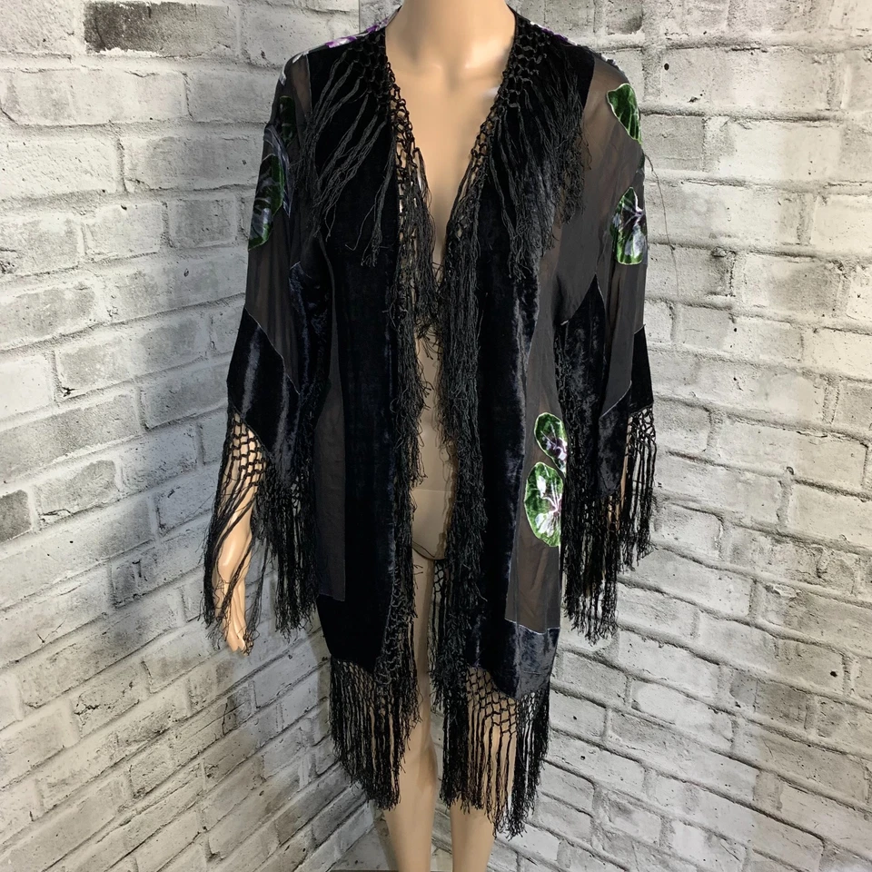 Cárdigan abierto boho con flecos de ganchillo negro púrpura chal kimono Burnout de terciopelo de colección Foto 2 de 4