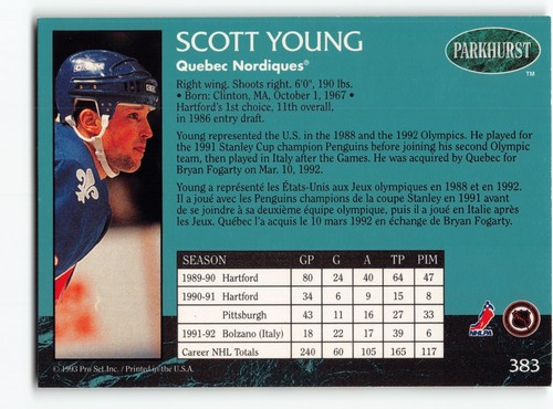 Scott Young 1993 Quebec Nordiques Card - Picture 2 of 2