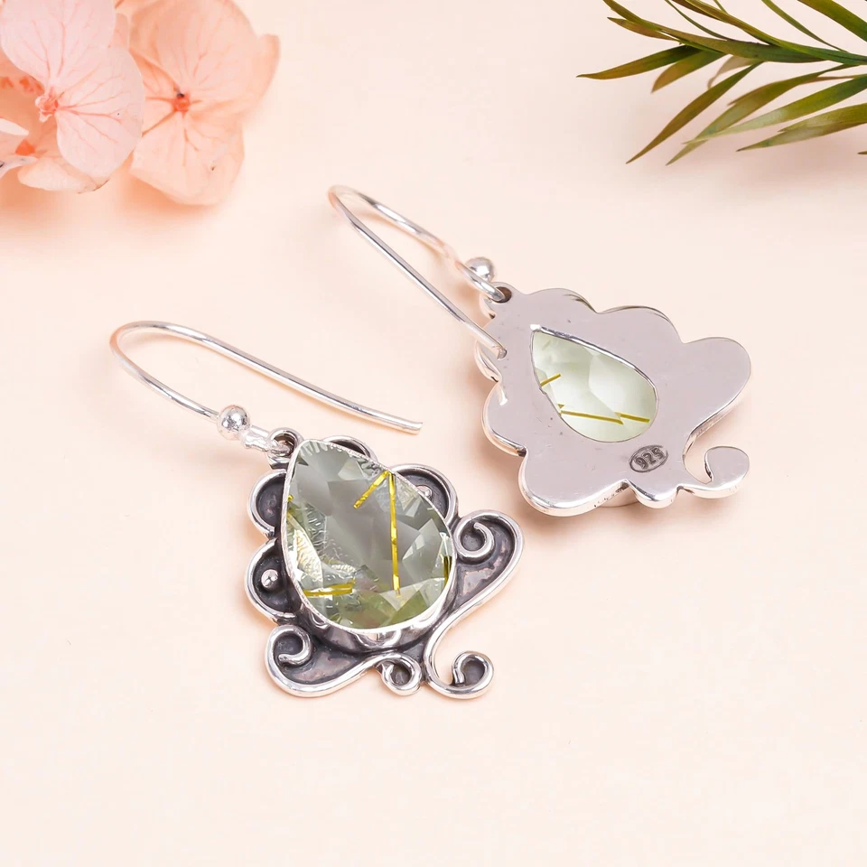 Golden Rutilated Quartz Gemstone Handmade 925 Sterling Silver Jewelry Earrings - Image 4 of 4