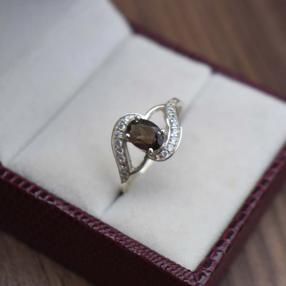 Oval Smoky Quartz 925 Sterling Silver Solitaire with Accents Women Ring - Image 2 of 4