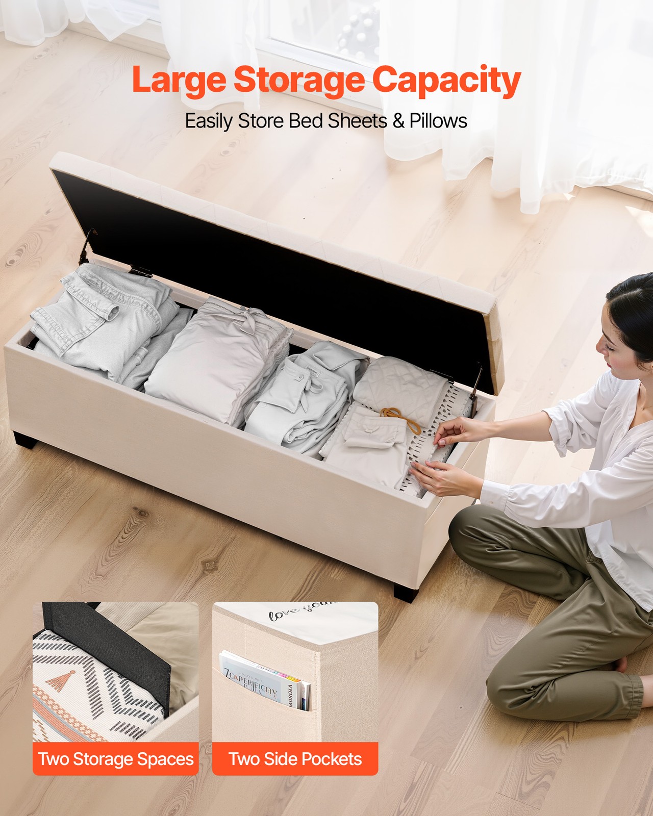 VEVOR Storage Ottoman Bench Button-Tufted End of Bed Bench Metal Frame Beige