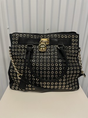 Michael Kors Hamilton Black Gold Grommet Leather Large Tote Satchel Shoulder Bag