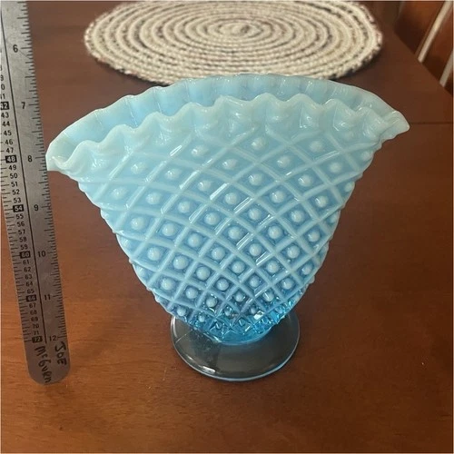 Fenton Blue Glass Vase, Ruffled Top, Diamond Pattern, Glossy Finish, 7 in