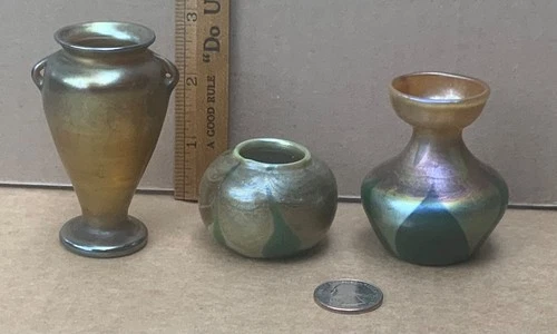Lot of 3 Antique Tiffany Studios Iridescent Gold LCT Favrile Vases