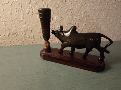 Vintage ArtDeco Revival Pen Caddy W/Bull, Wood/Bakelite-Excellent