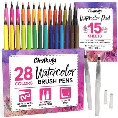 28 Watercolor Brush Pens Set with 15-Sheet Pad 2 Water Color Markers