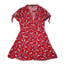 Express Red Blue Floral Button Mini Sundress Short Sleeve Small Rayon V-Neck