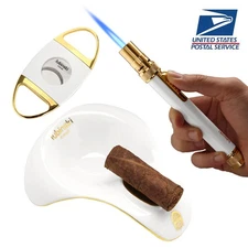 White Windproof 1 Jet Torch Cigar Lighter and Cutter Ceramic Holder Ashtray Set