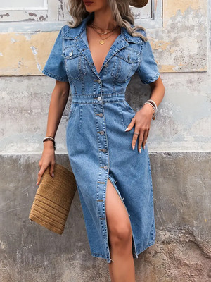 Damen Kleid Jeanskleid Knopfleiste Kurzarm Tailliert Midi Elegant Denim Sommer
