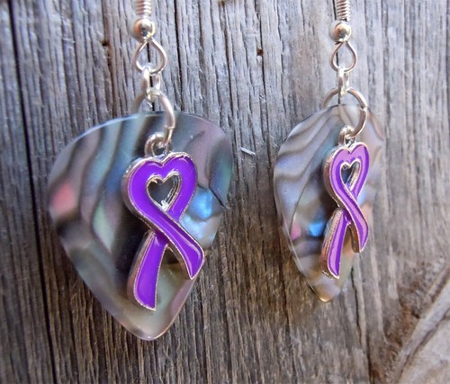 Purple Ribbon Heart Charm Guitar Pick Earrings with Surgical Steel Earwires - Picture 8 of 30