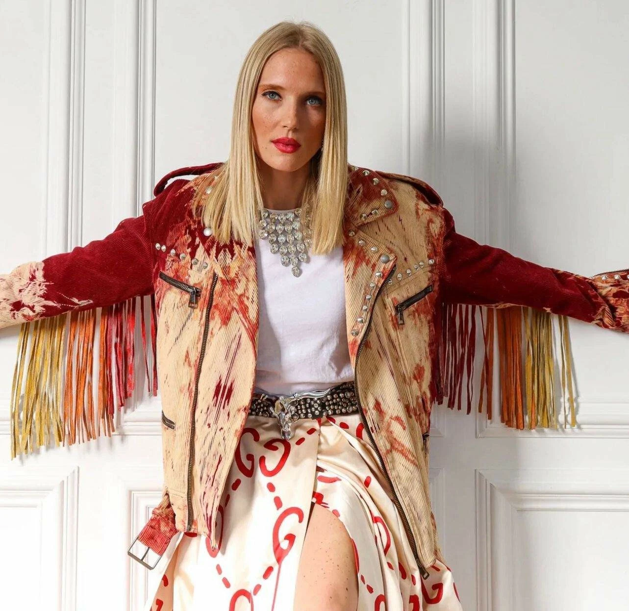 Giacca biker pelle velluto a coste rosso panna Gucci 14K nuova 2017 36 38 2 4 cappotto S M