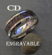 Men's Personalized Engraved Black and Red Carbon Fiber Wedding Ring Band