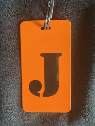 eye-d tag INITIAL LUGGAGE TAG "J" initial bright orange suitcase ID info tag - Picture 5 of 5
