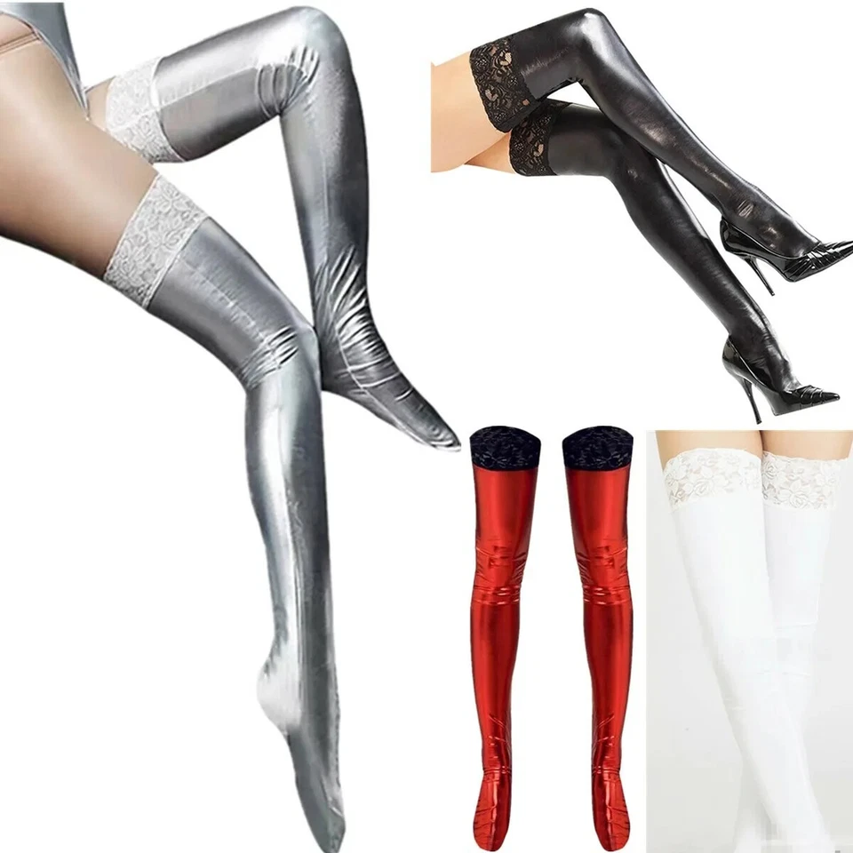 Mujeres Sexy Medias de Cuero Sintético Sobre la Rodilla Calcetines Bota Larga Pantimedias Hasta el Muslo Foto 3 de 4