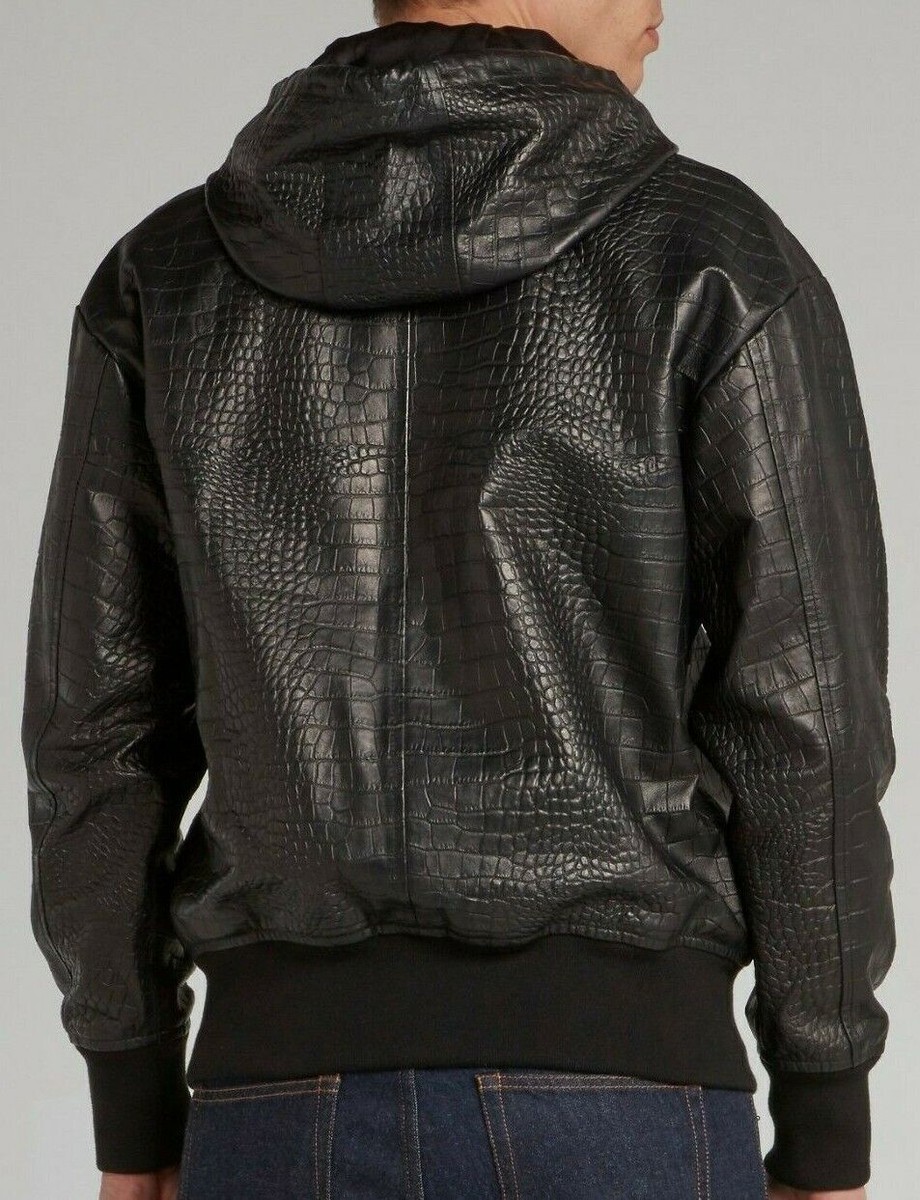 Men's Genuine Leather Hooded Bomber Jacket - Croc Print