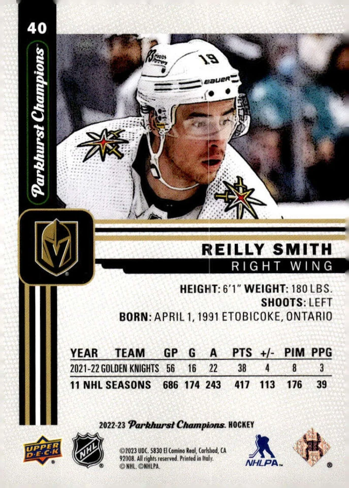 REILLY SMITH 2022-23 Upper Deck Parkhurst Champions #40 NHL ID:101066 - Image 2 of 2