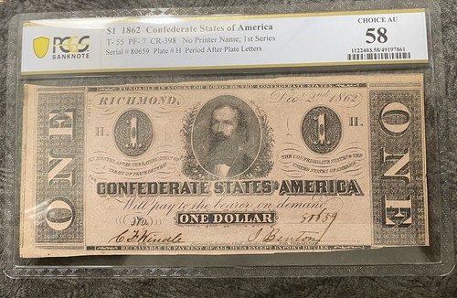 1862 $1 Confederate States Of America T-55 Note PCGS 58 - 第 1/2 張圖片