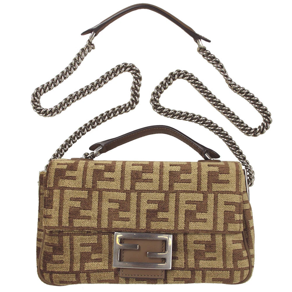 Brand New Fendi Baguette Chain Midi FF jacquard fabric bag 8BR793-1