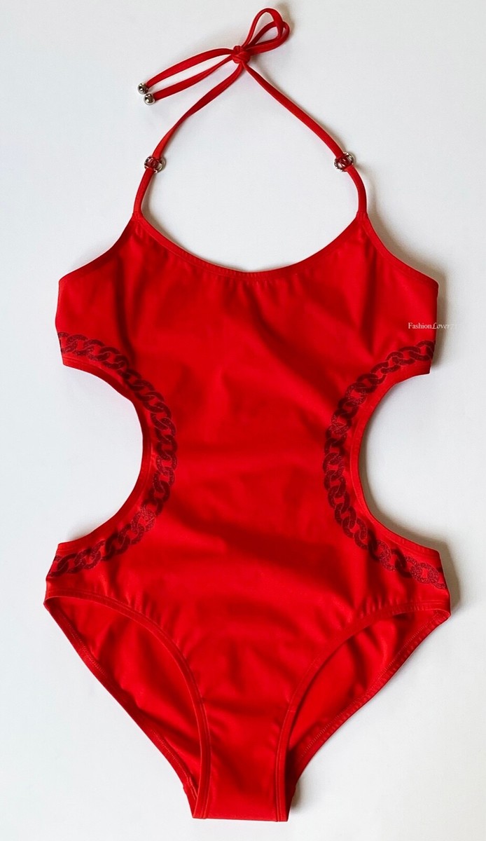 NEW CHANEL $1250 2020 RED CC LOGO CUT OUT BATHINGSUIT