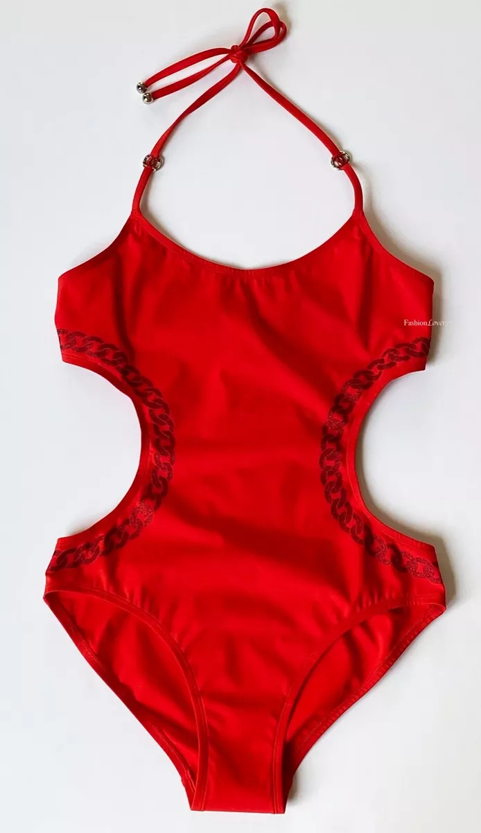 NEW CHANEL 1250 2020 RED CC LOGO CUT OUT BATHINGSUIT SWIMSUIT BODYSUIT 34