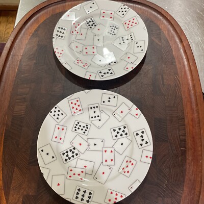 Pair Donald Sultan 'Game Set Cards' 1 Swid Powell Porcelain Dessert Plates 7.75 