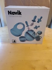 Navik Baby Led Weaning Utensils Silicone Spoon Fork Cup Plate Bowl Bib Blue