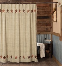 Cotton Shower Curtain Tan Country Farmhouse Frayed Star Appliques Abilene Star