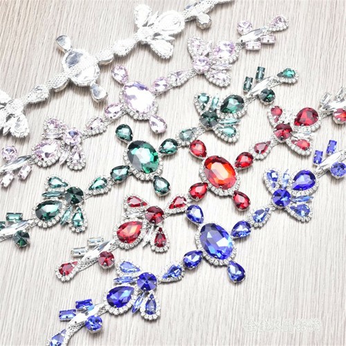 Shiny Rhinestone Applique Crystal Diamante Floral Chain Trimming Sew On Decor - Picture 5 of 26