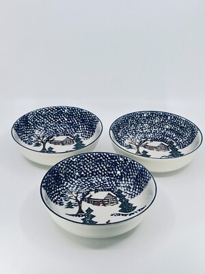 3 Libbey Christmas Dinnerware Cabin In Snow Soup Bowl Salad Bowl SetvTableware