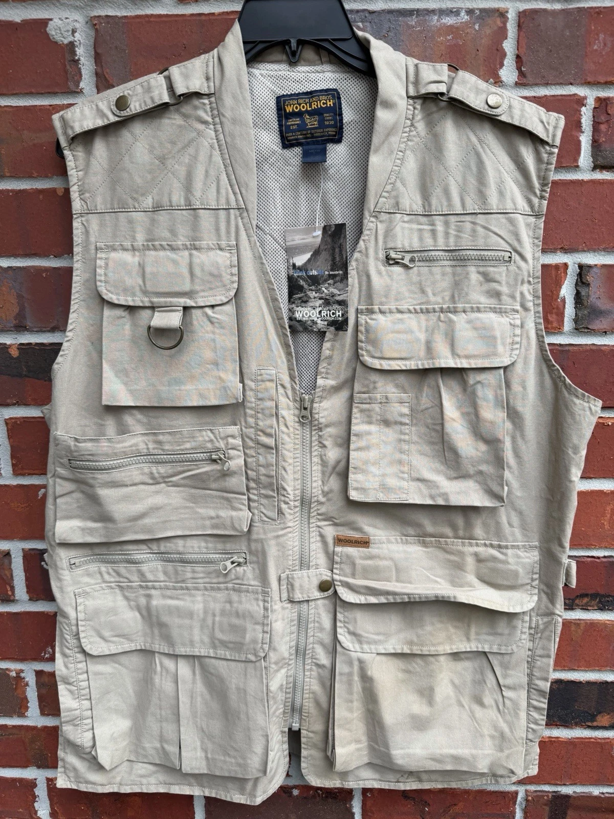 NWT Vintage Woolrich Full Zip Large Khaki Fishing Safari Vest Cargo Pockets M6
