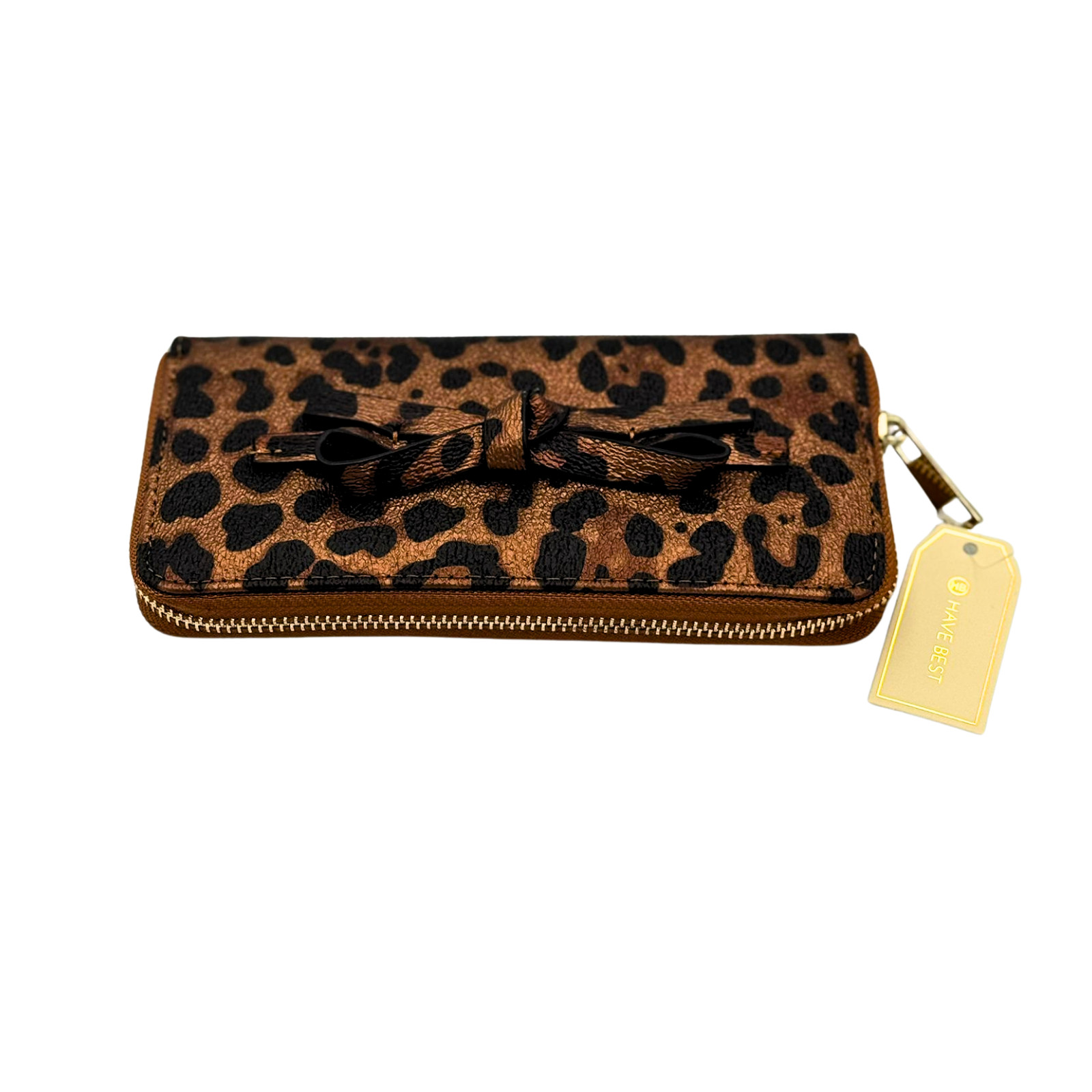Cartera sin asas Have Best con estampado de leopardo con cremallera alrededor tarjetero marrón