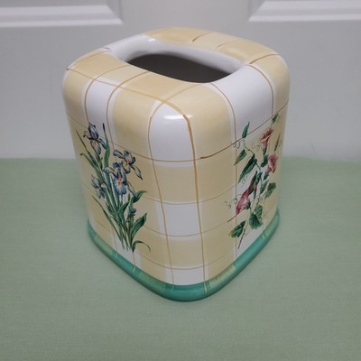 Tissue Box Cover Wildflower Floral Print Yellow Gold Plaid Hand Painted Ceramic 