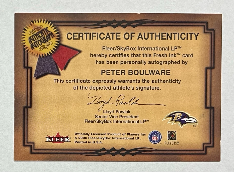 PETER BOULWARE 2000 FLEER AUTOGRAPHICS Signature Auto Autograph Card - Image 2 of 2