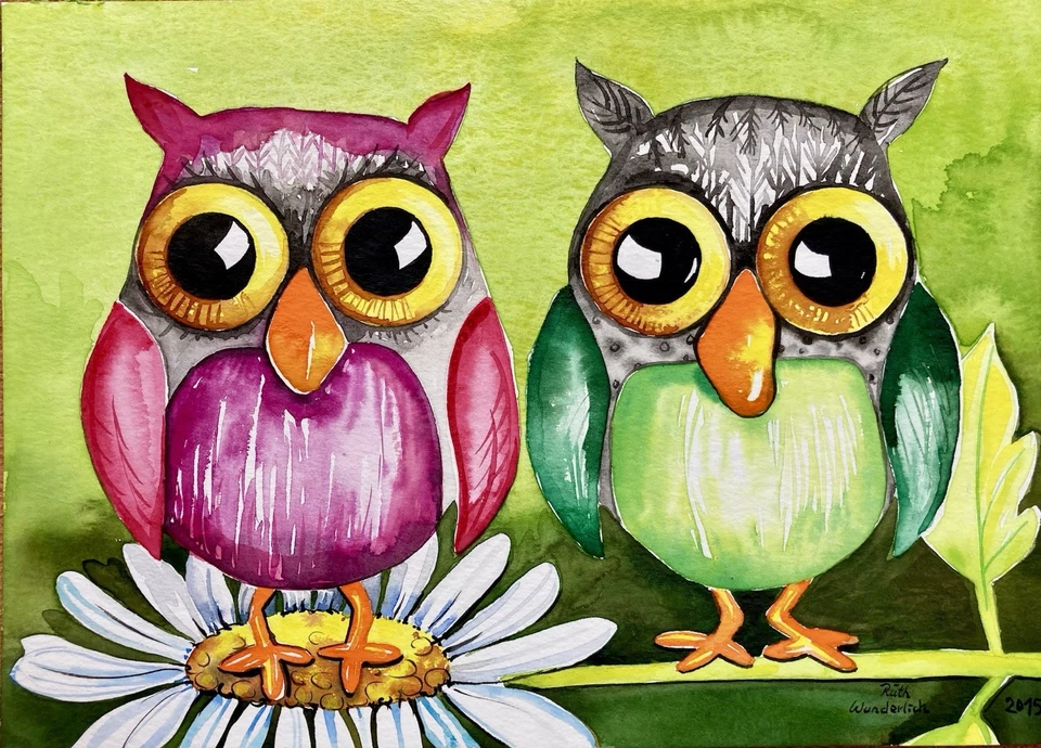 Gemälde, Aquarell handgemalt, 17x24cm, Eulen farbenfroh, Unikat, Original - Bild 1 von 1
