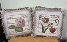 C F Home Wool Hydrangea Tulip Needlepoint Petit Point Pillows with Tassel Fringe
